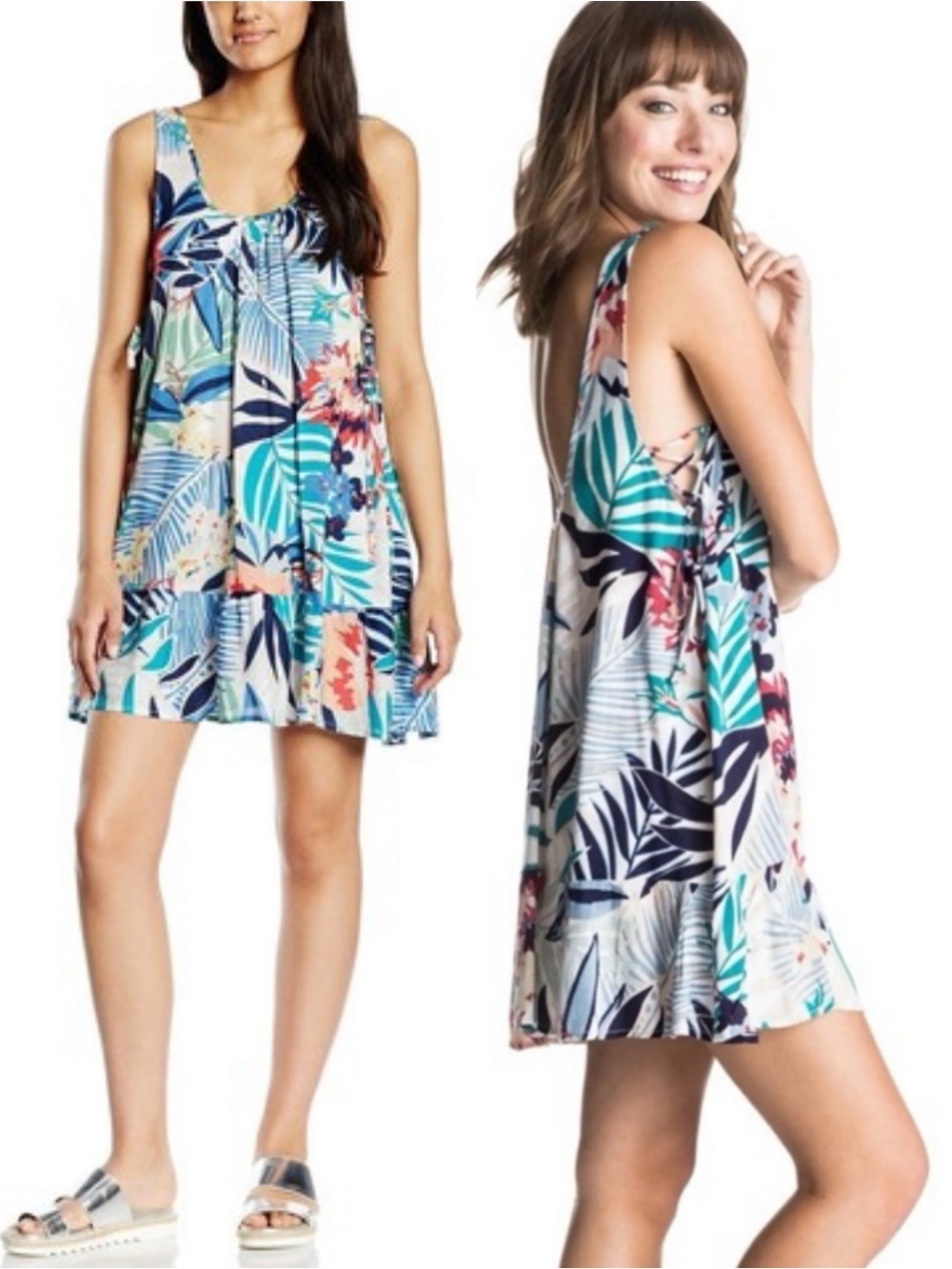ROXY Beachy Boho Floral Surfer Girl Hawaiian Babydoll Ruffle Hem Swing Dress